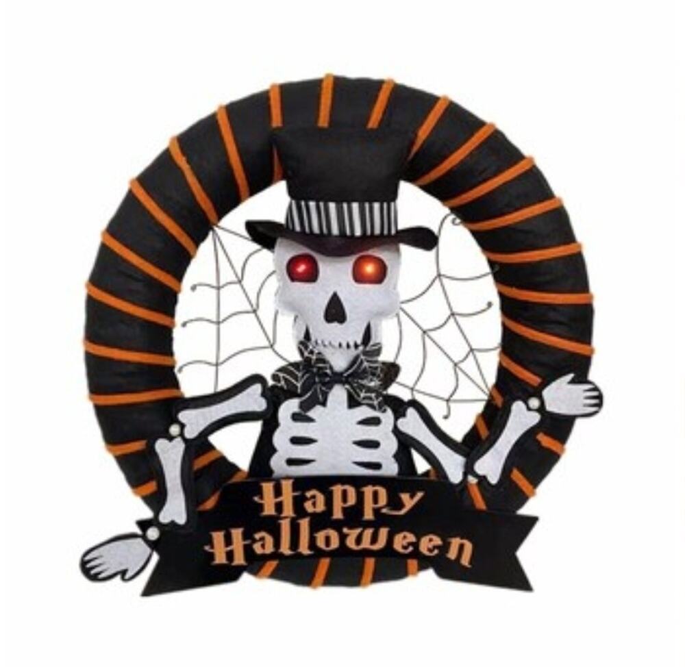 Haunted Living 17" Lighted Happy Halloween Skeleton Wreath Door Decoration